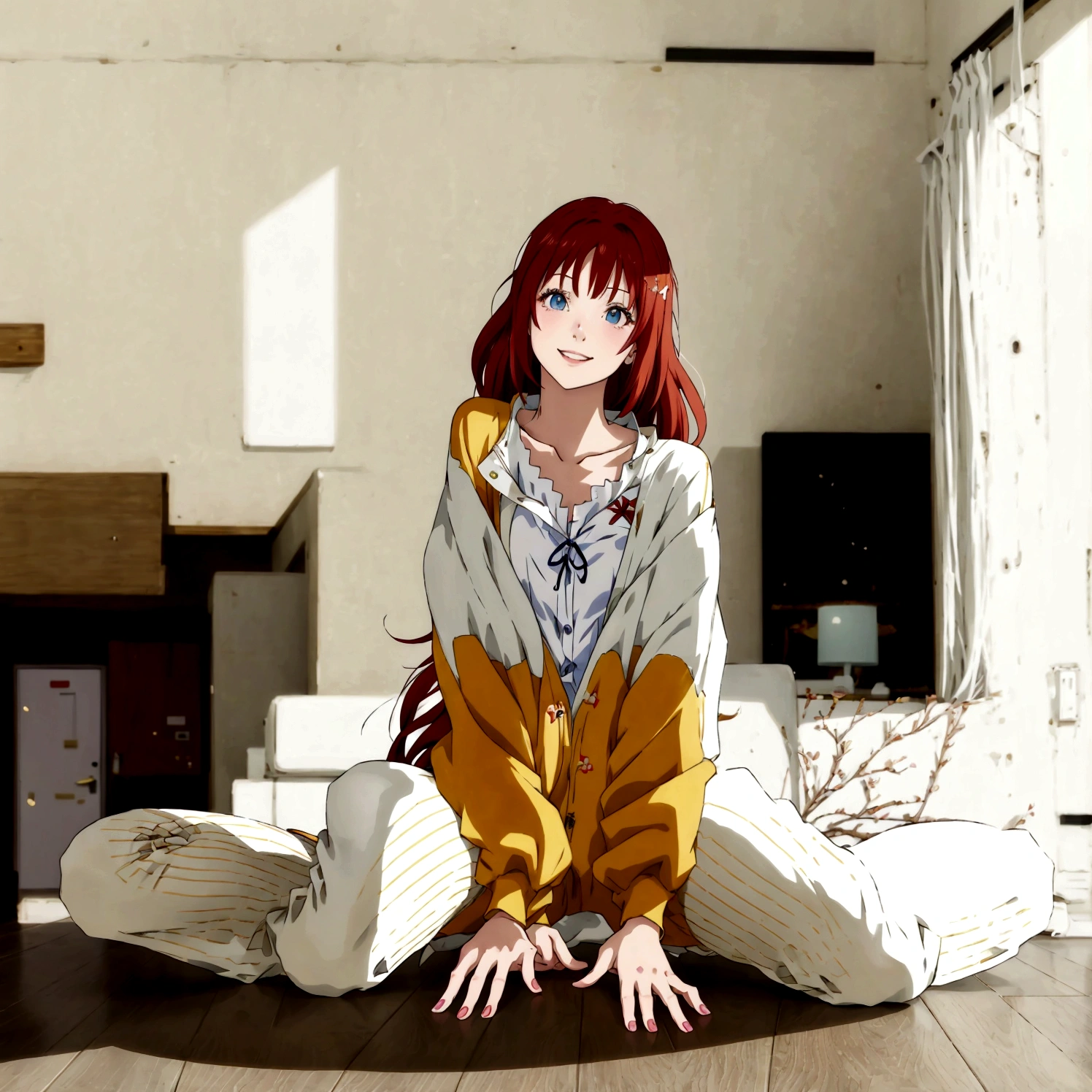 smile、anime - style image of a woman sitting on the floor in a living room, the anime girl is crouching, realistic anime 3 d style, 3 d anime realistic, anime styled 3d, 3d anime girl, made with anime painter studio, 3 d anime, sayori, 3d anime, asuka suit under clothes!, pixiv 3dcg