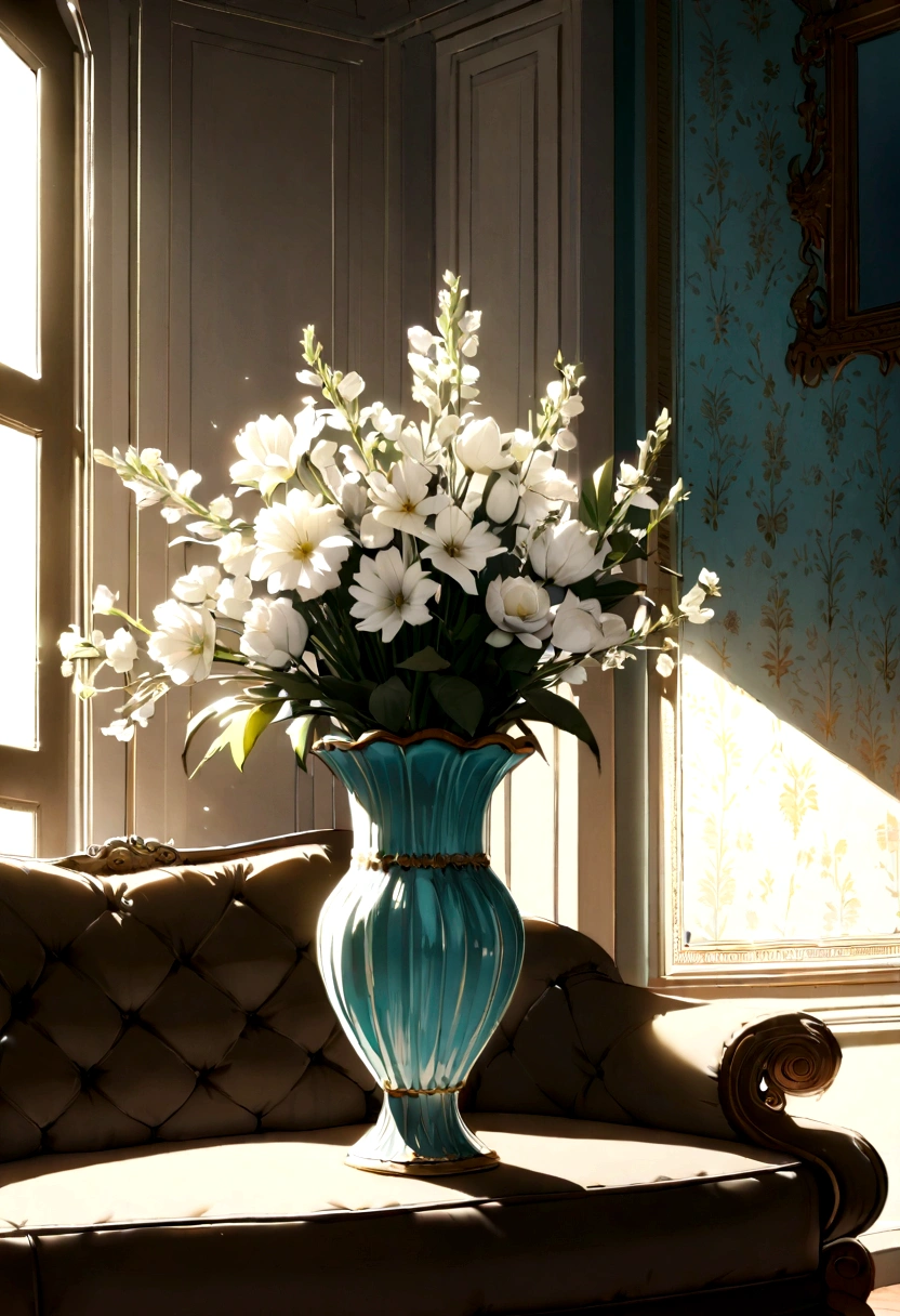 Close-up of a sofa in a room with a window Beautiful interior Sense of luxury tiffany blue wallpaper Italian aristocratic interior White flowers in a large vase