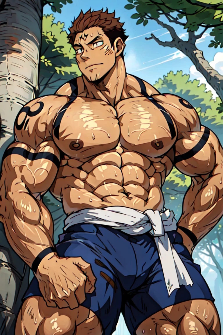 The feeling of youth,( Tattoo),(Thick body hair),Upper Body,(He was wearing baggy shorts,Showing his length, muscular, hairy),(Leaning against a tree),(For the audience) ,(Put his hands on his waist), (Pay attention to your audience) ,(There is a huge bulge in the area),sideways,Sharp eyes,(Thick dark brown hair),(Bottom-up view),shoulder width,Muscles protrude a lot,Highest image quality,cartoon ,Anime Wallpaper,Chest muscle expansion,Spread your legs,Sexy,(main part, best quality),((Exaggerated muscle bulge)),The protagonist is tall,muscular and bulky, muscular characters, Great and cool, tall and muscular, muscular!!, Very strong, muscular attractive men, Huge muscles, Big Muscle, Muscle Man, Anime handsome man, muscular!, Huge muscles, muscular bodies,(A corner of the photo from bottom to top) (Highest quality images) ,Close-up photos,Lion Man ,real, young, , Wearing shorts, Crotch protrusion, Anime Character, Leaning against a tree, Legs open, Male face, bonito rosto young, Undercut Hair, Huge chest muscles, 大腿muscular, Biceps tendon, Huge body, Toned body due to intense training, muscular, 8-pack clear ABS, 3 meters high, Topless, , Glowing skin, Dihan.com, (Hands on thighs), barefoot, No beard,Thick Legs,