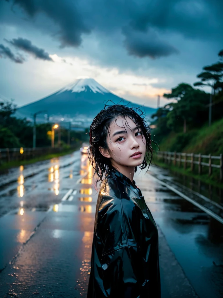 a young beautiful female japanese idol-like model with soaked wet face, wet hair, wet skin and clothes, standing on a wet road, looking up to the rainy sky, with exquisite cinematic lighting, natural lighting, high artistic quality, photorealistic, raw photo, masterpiece, beautiful, with mount fuji visible in the distance