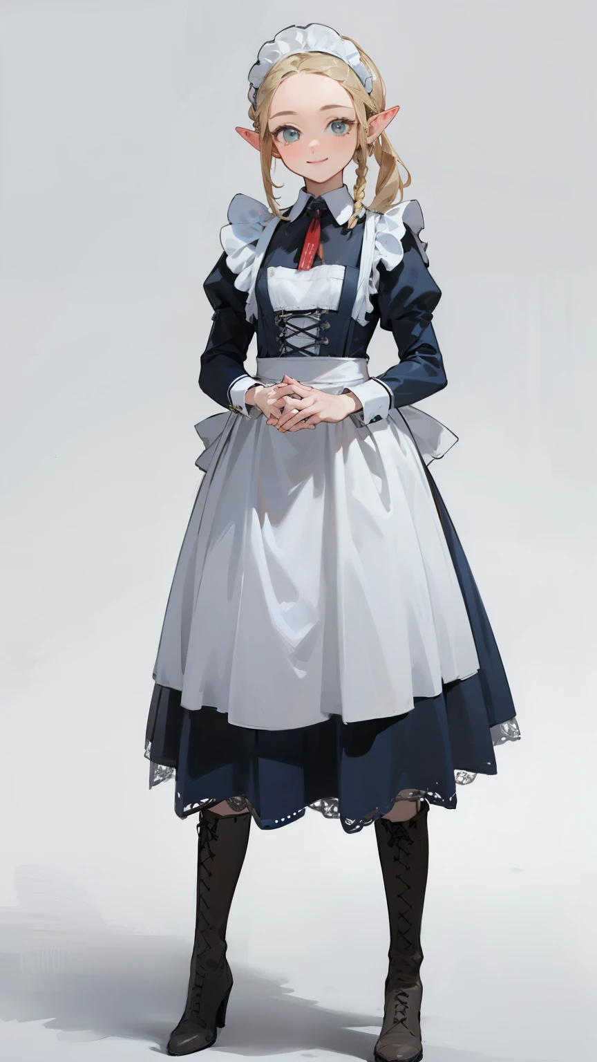 (masterpiece), ((best quality)), (super detailed), (Clean and delicate face), solo, (whole body, standing posture), Single Braided blonde pony tail, parted bangs, forehead, pointed ears, smile, (blue maid costume, white maid headband, lace up boots), clasp hands in front of waist, simple background