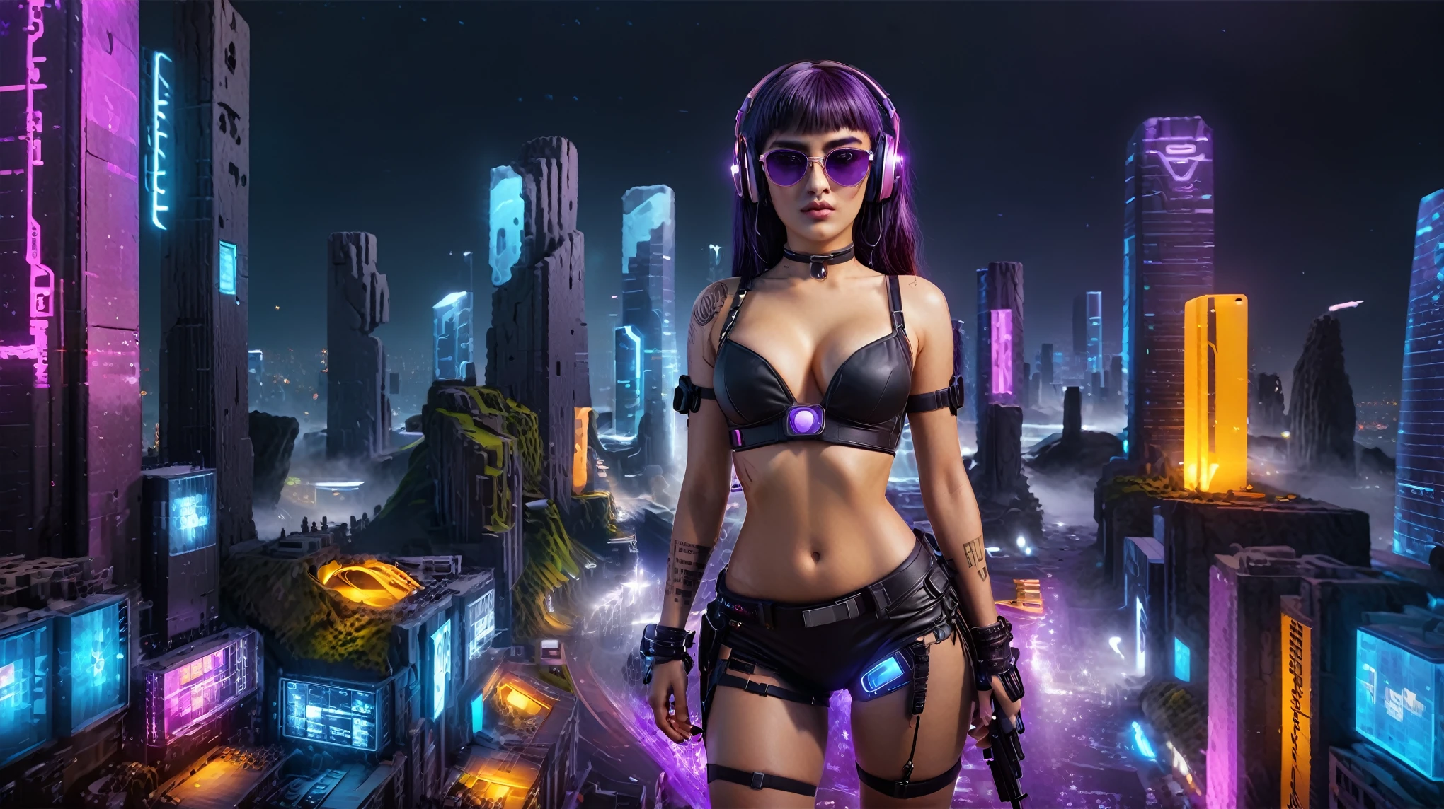 masterpiece, best quality, high resolution, 8k, (Portrait Photos:1.5), (R Original Photo), real picture, Digital Photography, (A fusion of cyberpunk and fantasy), 20 year old girl, solo, (((black sunglasses, headphone))), Feel free to hairstyle, Purple Eyes, By Bangs, (large breasts, cleavage, Accessories, Elegant and charming, Combination of cyberpunk and fantasy style clothing, Hollow carving design, Photo poses, Realistic style, (((((((pistol shooting pose))))))), oc render reflection texture, sentry, (((((aerial view of Cyberpunk style future city, giant ice (Easter Island Moai) sculpture))))), night, Bustling streets, (((((half-body (thigh level) medium shot))))).