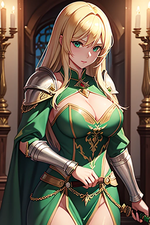 Blonde Caucasian Woman, Women in their early 20s, Wears emerald-colored metal armor, Lady of the Holy Knight, Rin々A beautiful woman, Holding a beautiful long sword, Medieval European fantasy,