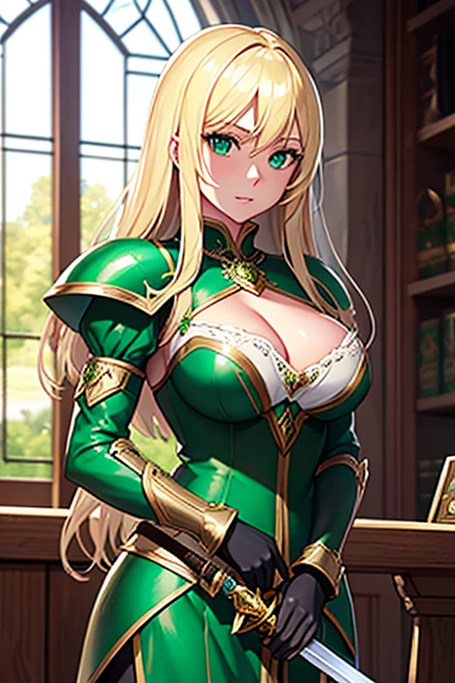 Blonde Caucasian Woman, Women in their early 20s, Wears emerald-colored metal armor, Lady of the Holy Knight, Rin々A beautiful woman, Holding a beautiful long sword, Medieval European fantasy,