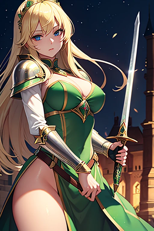 Blonde Caucasian Woman, Women in their early 20s, Wears emerald-colored metal armor, Lady of the Holy Knight, Rin々A beautiful woman, Holding a beautiful long sword, Medieval European fantasy,