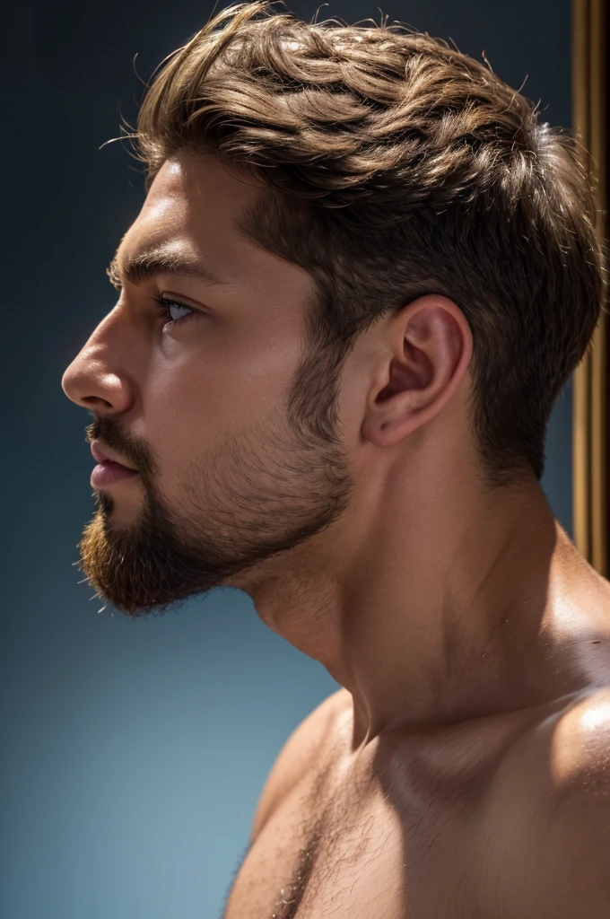(8K、RAWE Photo、Highest quality、masterpiece:1.2)、(Real、Photorealistic:1.37)、Super detailed、Ultra-high resolution、1 male、Beautiful detailed face、(Feather Cut: 0.6)、Professional Lighting、The lighting is bright、Actor、model、Full body、Wide-angle shot、Daytime、bright , simple background ,Simple Background、Slender、beard、profile、Face close-up、From the side、