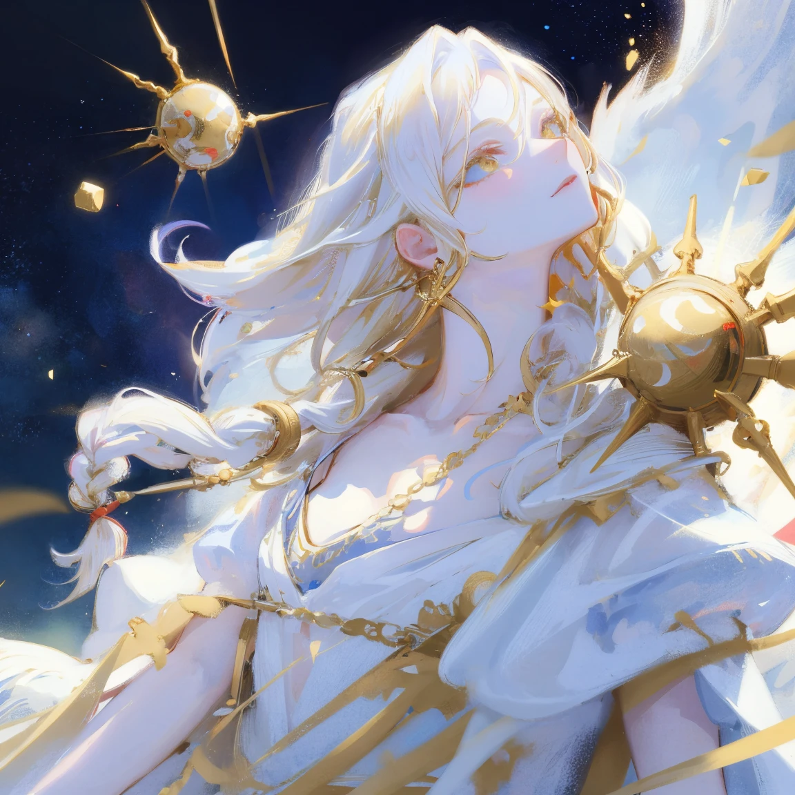 best quality, masterpiece,white hair, gold eyes,white clothes, looking up, upper body,hair strand,Fair skin,side braids