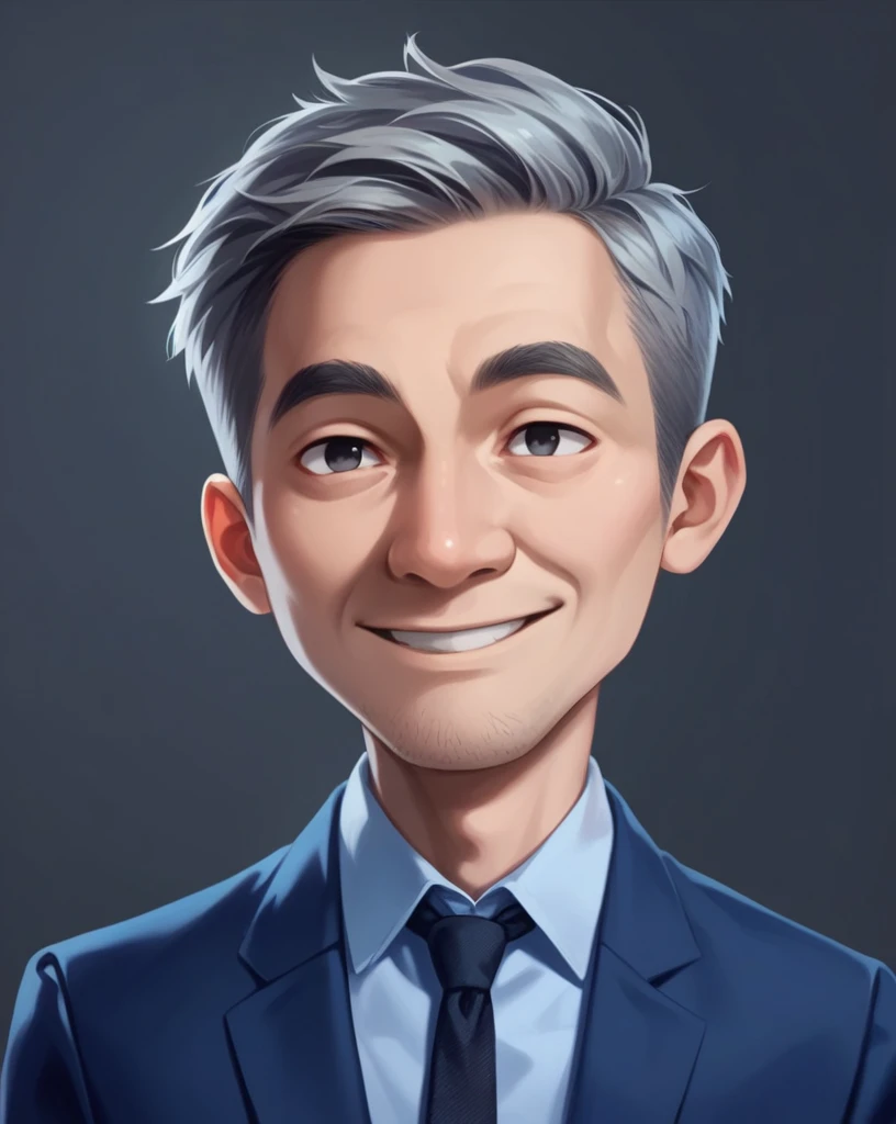 3d cartoon style, 20 years old man, short gray hair, little hair, in a dark blue suit and light blue shirt, no tie, smiling at the camera, foto perfil, commercial shot., face is brightly lit