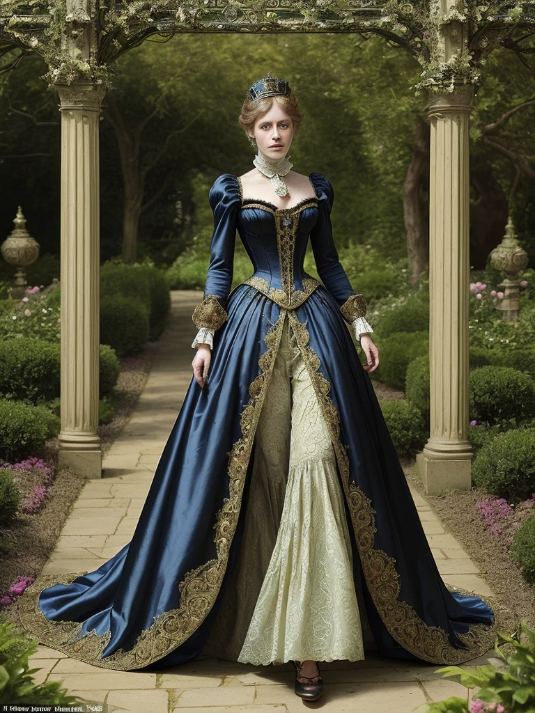 fantchar,a 1800's victorian era queen dressed in an ornate gown and walking through an elaborate garden, realistic, highly detailed, intricate
