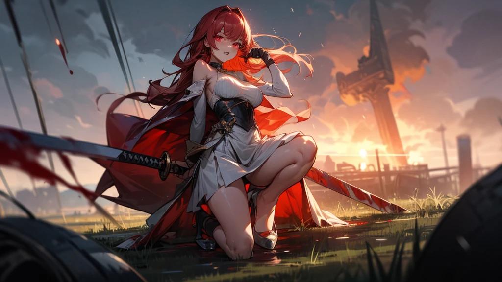 weird atmosphere, (best quality:1.1), (masterpiece:1.2), high quality shadow, beautiful detailed, (high detailed skin, skin details), (wide landscape, 8k), depth of field, highres, best illumination, (sexy), outdoors, blurry background, HD hair, beautiful face, perfect skin, red hair, long hair, (big breasts), blood particles, (night), sharp teeth, glowing red eyes, blood on face, blood on clothes, blood splashing, female knight kneel in the war fields, white dress, leavage, stocking, high heels, attack pose, close to viewer, gripping huge sword, heavy rain, in the grassland, foggy, wet body, wet hair, hair fluttering, bare shoulder, blue flame