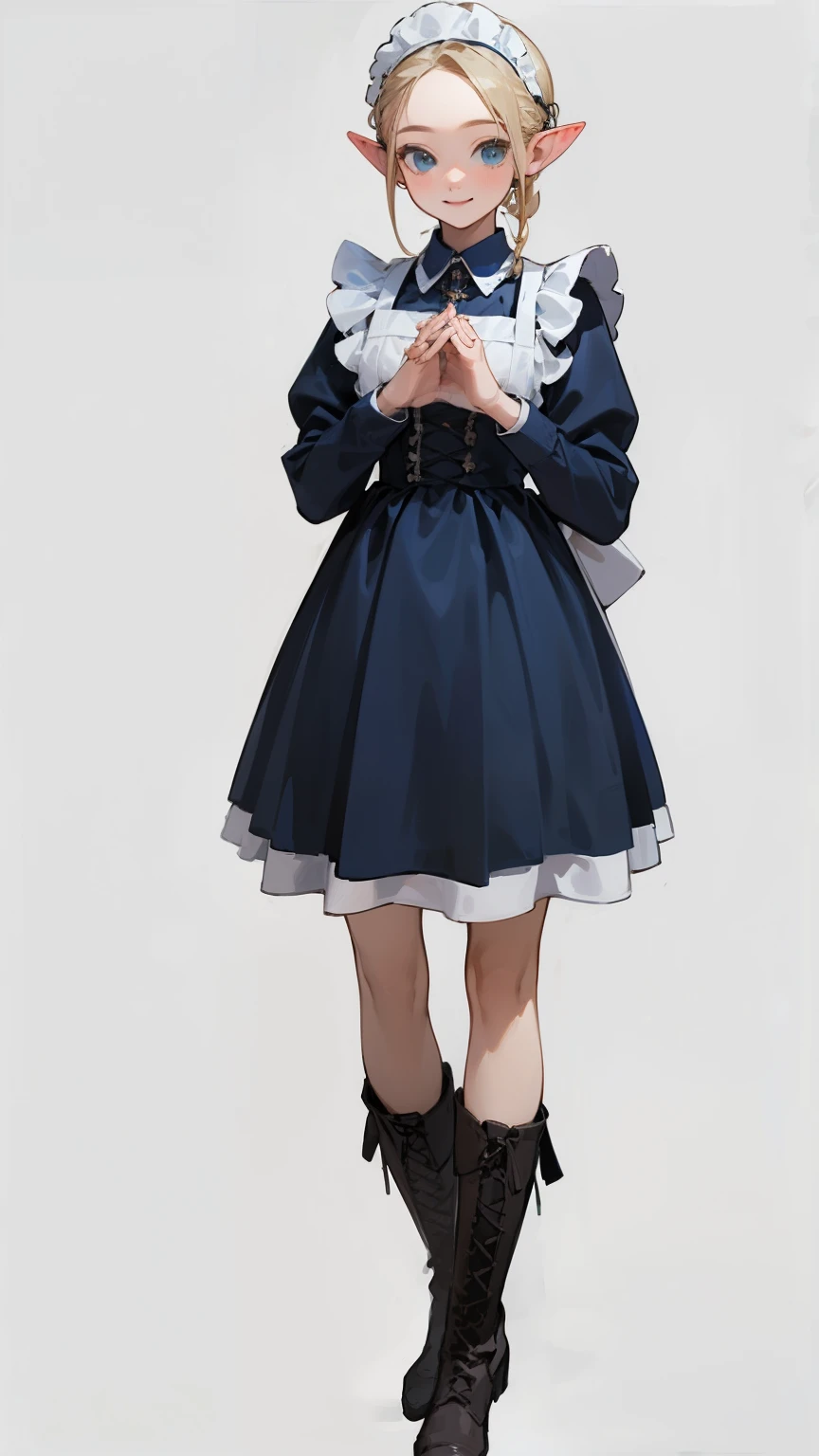 (masterpiece), ((best quality)), (super detailed), (Clean and delicate face), solo, (whole body, standing posture), Single Braided blonde pony tail, parted bangs, forehead, pointed ears, smile, (blue maid costume, white maid headband, lace up boots), clasp hands in front of waist, simple background