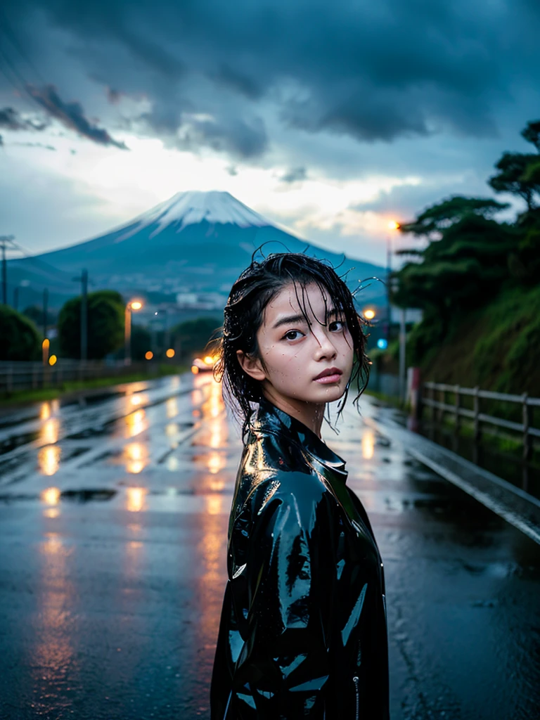 a young beautiful female japanese idol-like model with soaked wet face, wet hair, wet skin and clothes, standing on a wet road, looking up to the rainy sky, with exquisite cinematic lighting, natural lighting, high artistic quality, photorealistic, raw photo, masterpiece, beautiful, with mount fuji visible in the distance