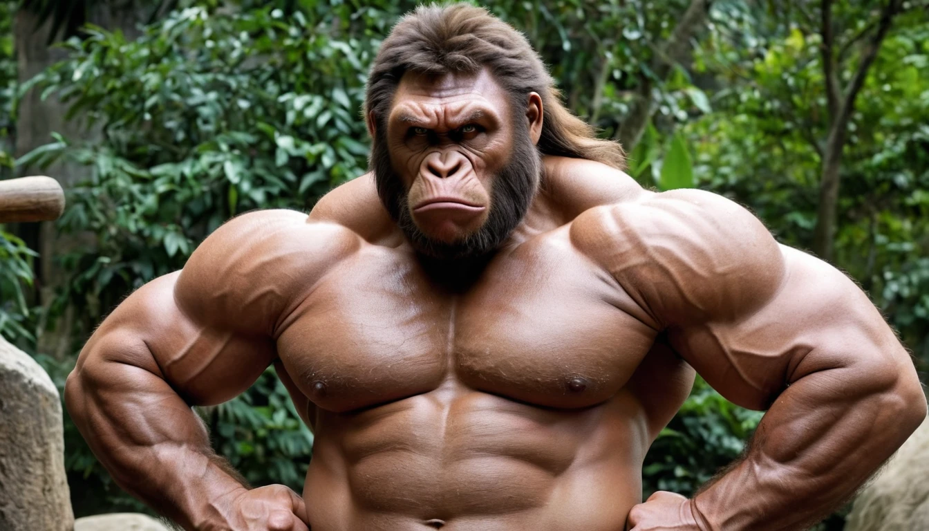 (RAW photo of a Neanderthals:1) , (hyper realistic:1.4), (Neanderthal man:1.4),bodybuilder transformation,(half gorilla mix :1),(big bulge:1.1), tall, bulky,hulk body, chubby belly, (very muscular:2), (hairy body:1.5),(detail face:1.1), tan skin, thick arms, (veiny arms:1.1), (bloated gut:1.5),(wearing underwear:1.1), thick legs, rounded pecs, (big arms:1.1), veiny arms, dark brown skin, (alone in a zoo:1.1) ,angry, hdr, photorealistic masterpiece, cinematic, best quality, sharp focus,
