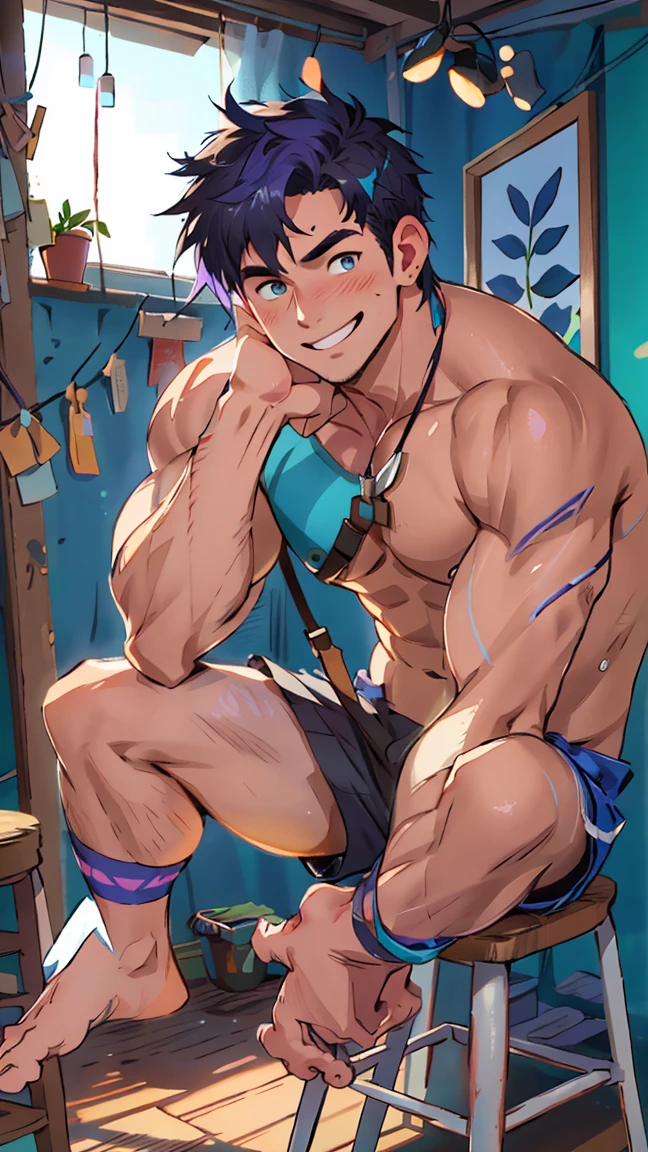 a muscular young man with blushing, shy expression, detailed eyes, bare-chested wearing only striped shorts, blue eyes, short blue-purple hair, sitting on a stool against a blue background, smiling, barefoot, (best quality,4k,8k,highres,masterpiece:1.2),ultra-detailed,(realistic,photorealistic,photo-realistic:1.37),portrait,studio lighting,vivid colors,blue color tones