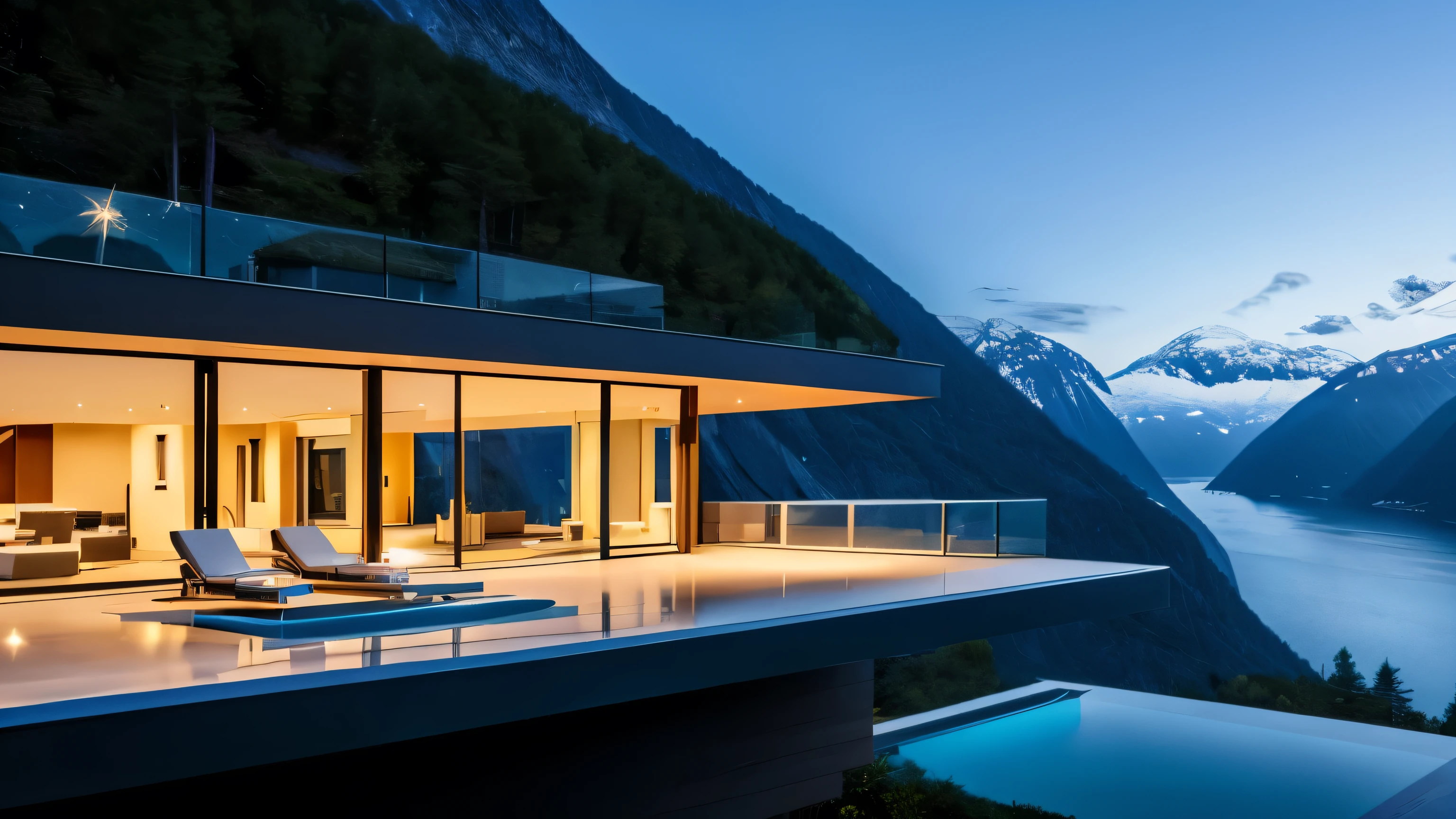 Modern cliff-top villa built into the mountains, Overlooking the Hardangerfjord. James Bond villain. In the mountains. High resolution. luxury, expensive, Pool, Futuristic big house, Luxury architecture, Ultra-modern, Sophisticated and Utopian Design, Contemporary Architectural Design, Amazing high tech