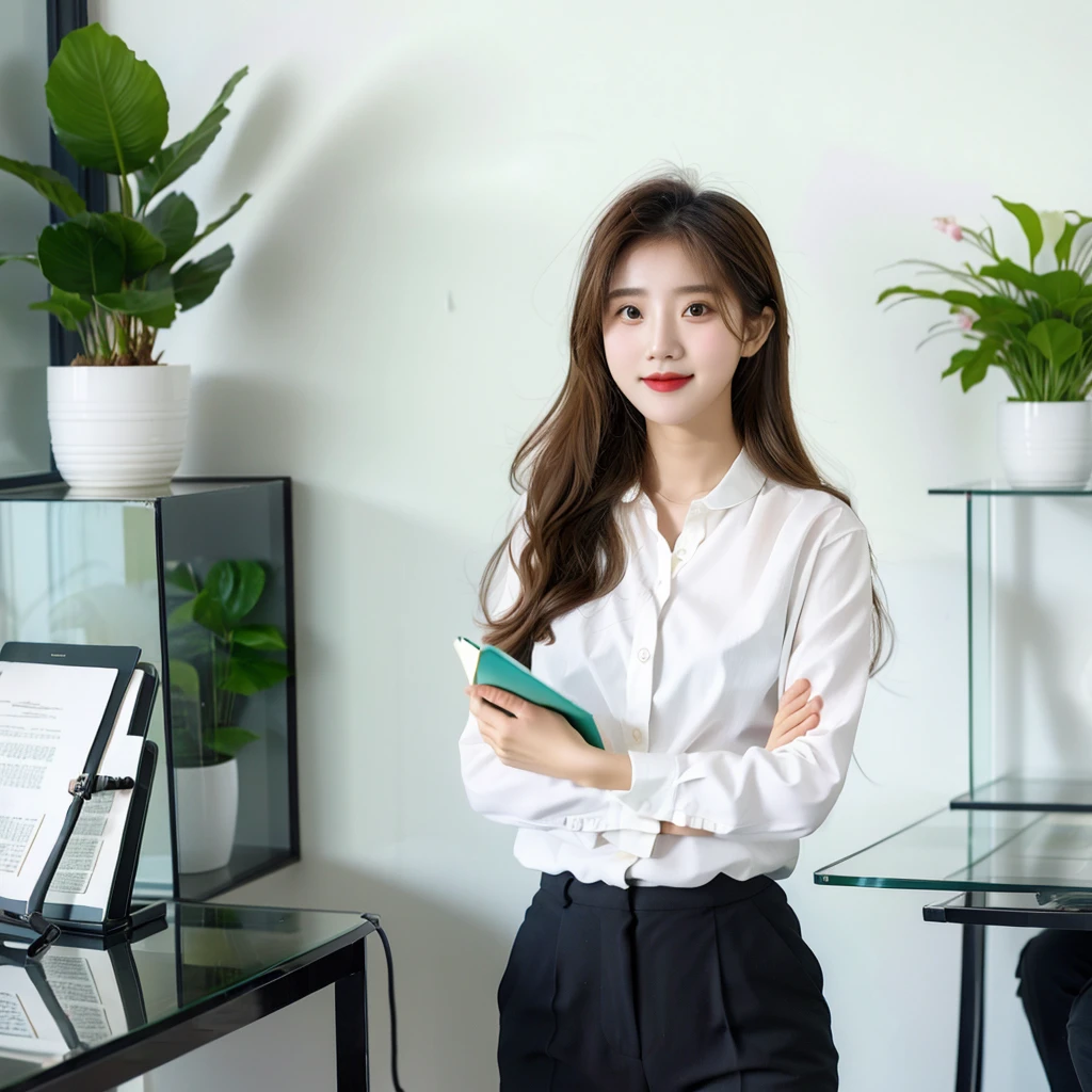 A young Vietnamese woman named Lyna, (1 girl), around 27 years old, is standing in a modern interior space. She is wearing a gray suit and a white shirt, smiling warmly and welcomingly. She is holding a notebook or a document in her left hand and her right hand is open as if explaining or inviting. The background is a bright area with large glass windows, green plants, and modern furniture, resembling an open office or a professional workspace, UHD, high details, best quality