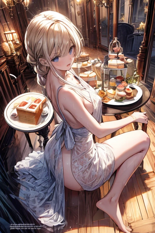 (from above:1.2),18 year old beautiful girl,Purplish blue eyes that dreamers desire,(Blonde hair) , small stature, (masutepiece:1.2, Best Quality),(finely detailed beautiful eye: 1.2),(beautifull detailed face),(perky chest:1.1),(pointed chest:1.2),(cakes magazine cover:1.5),(Best Illumination, extremely delicate and beautiful),sexy pose,make a cocktail , in a bar counter,Ultra Contrast,Braid a little around the ears, White long dress, (very detailed),(Raw photo, highest quality),(realistic, Photoreal:1.3), high detail, very detailed complex 3D rendering of face, (very detailed skin:1.2), dynamic angle, fire glow effect, professional lighting, side light, cinematic light, a super high resolution, 8K , best shadow, particles of light, Fine skin texture, detailed face, intricate details, Super detailed, shine, Please reconsider, full body,, beautiful face, shiny skin, thin, nice companion, delicate body, thin legs, naked apron, ((crawl on all fours:0.4)), beautiful back, butt, turn around, A picture from a little behind, bend the body, the skirt is floating in the wind, Dark purple panties, thin Pubic hair ,(with sparkling eyes and a contagious smile), open mouth, highest quality, high resolution, Real World, Natural light, perfect Natural Light, ((the tip is protruding, areolas protruding,The shape of the pubic area is clearly visible:1.2)),Sweating,Wet,Wet crotch,Wet thighs,Realistic, (cute, perfect clothes, skimpy clothes, cute: 1.3) ,narrow waist,(with sparkling eyes and a contagious smile:0.9),looking at viewer,