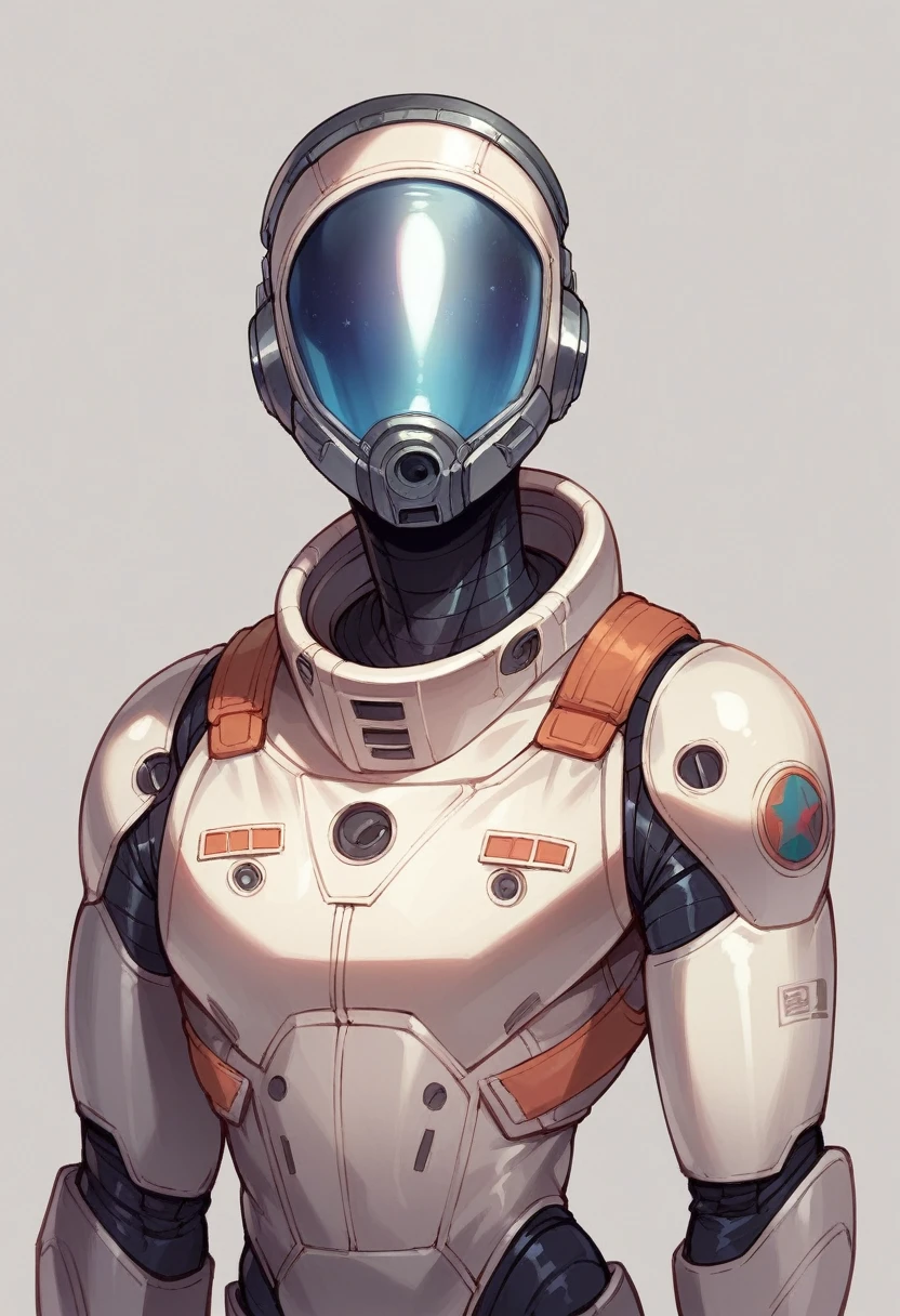 A Erie space suit with a solid visor and it is black and metallic