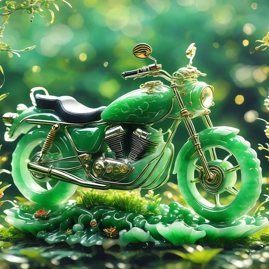 best quality, very good, 16K, ridiculous, Very detailed, Gorgeous((( Motorcycle 1.3))),Made of translucent jadeite, Background grassland((A masterpiece full of fantasy elements))), ((best quality)), ((Intricate details))(8K)