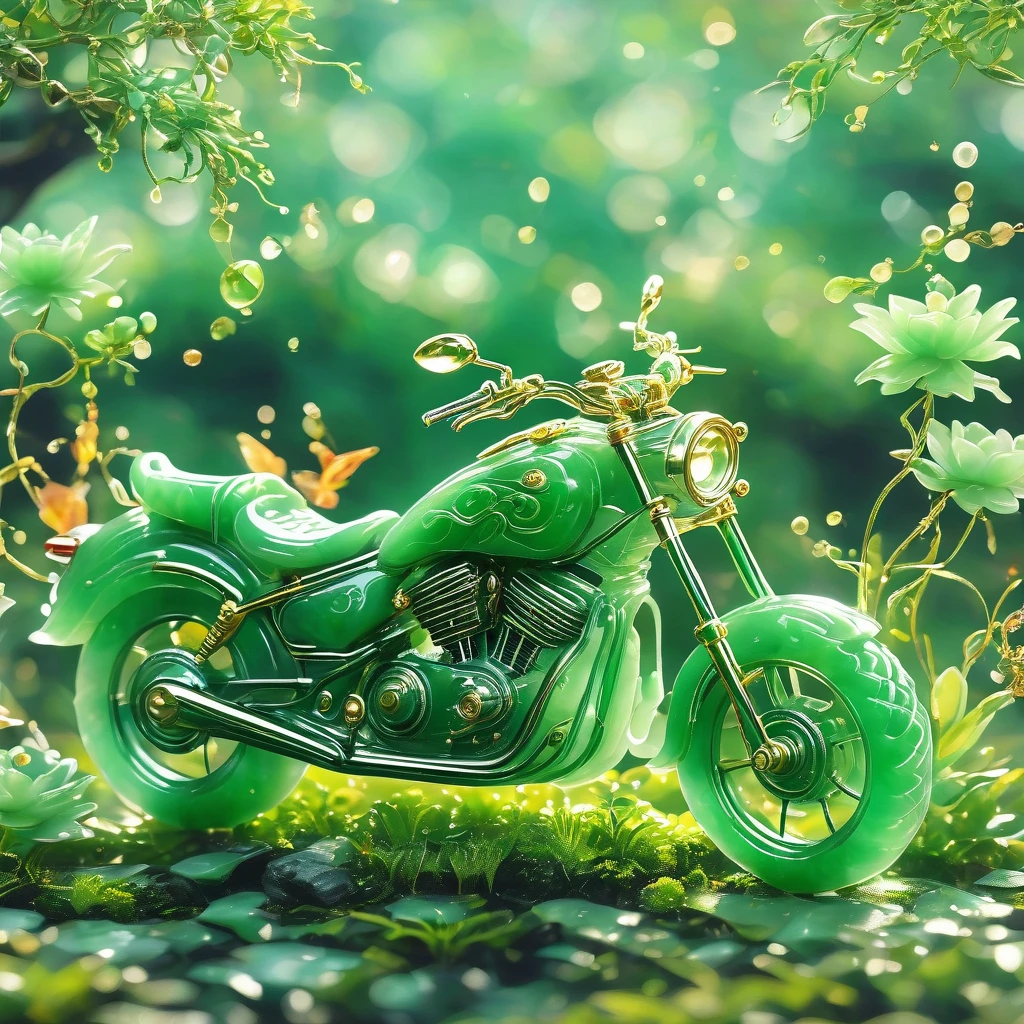 best quality, very good, 16K, ridiculous, Very detailed, Gorgeous((( Motorcycle 1.3))),Made of translucent jadeite, Background grassland((A masterpiece full of fantasy elements))), ((best quality)), ((Intricate details))(8K)