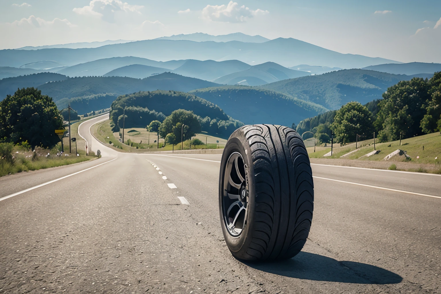single tyre of realistic size, rolling on its own on the beautifull summer road and summer landscape of eastern europe.