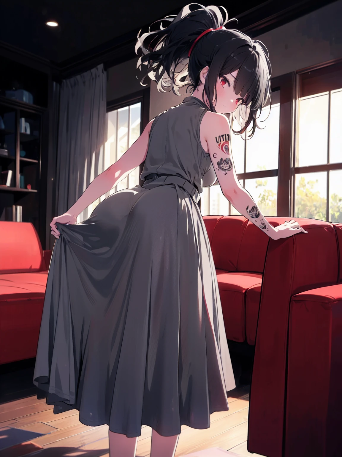 side view, (ultra-high resolution, depth of field:1.2), solo, 1woman, milf, plump, (black hair), short messy hair, ponytail, red eyes, (medium breasts), wide hips, (maxidress), (gray maxidress:1.4), black arm tattoo, squinting, serious, living room scenery, dimly lit