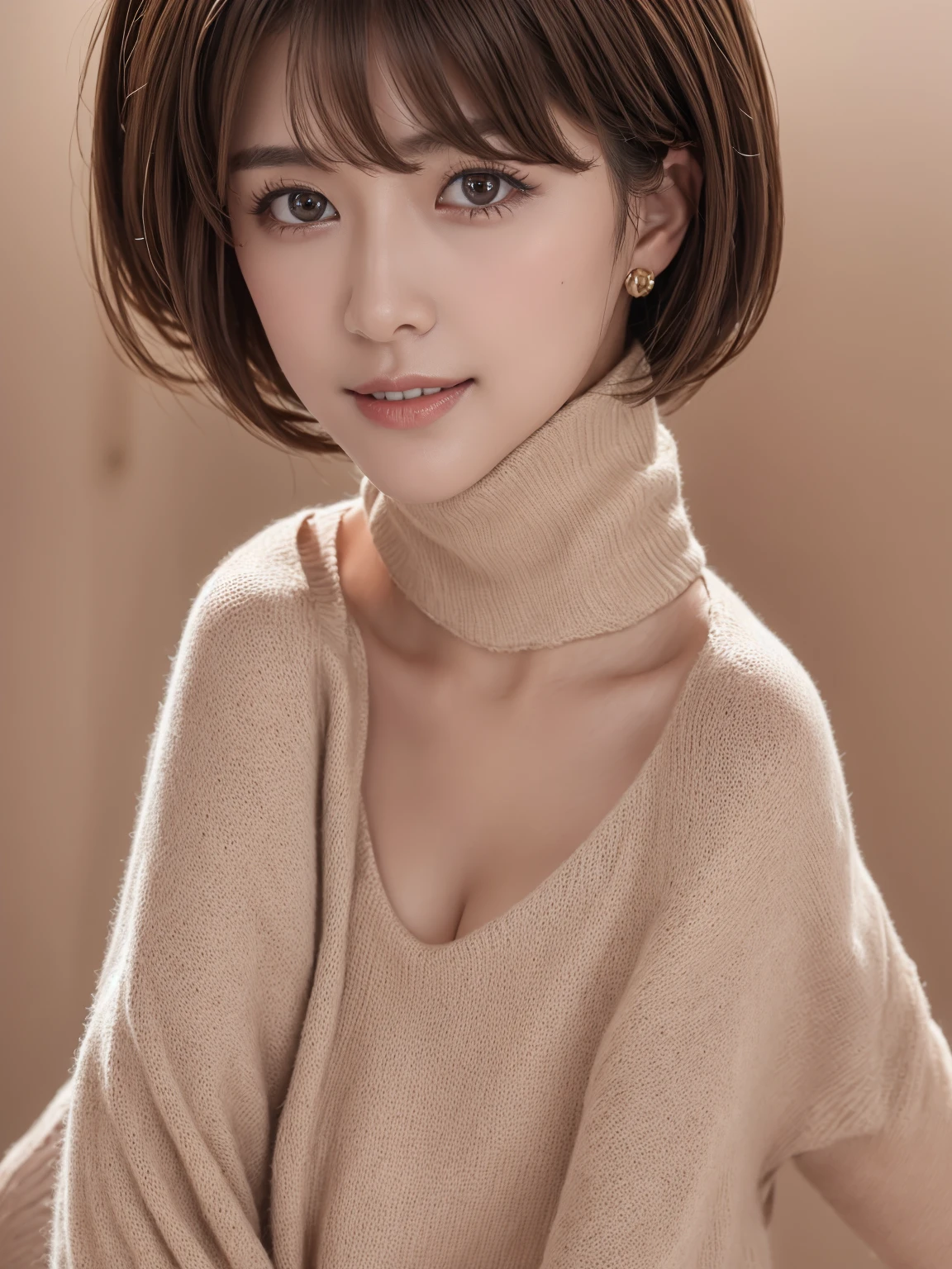 Pianfei、best quality、one example、Super fine、beautiful、high resolution、8k wallpaper、Perfect dynamic composition、(((Whole BodyEsbian)))、((from below))、beautiful girl of 20 years old、Detailed beautiful face、Eyes are delicate and cute、Delicate skin texture、cheeks flushed、Shy、(short hair:1.3)、(brown wavy hair)、small breasts、Bold sexy pose、Smile、(sleeveless、Navel exposed、fitted turtleneck sweater)、hot pants street、small breasts、、little ass、Skinny ass、Please generate it above the eaves.、thin shoulde、wear underwear、 ((Squatting, spread your legs)), 