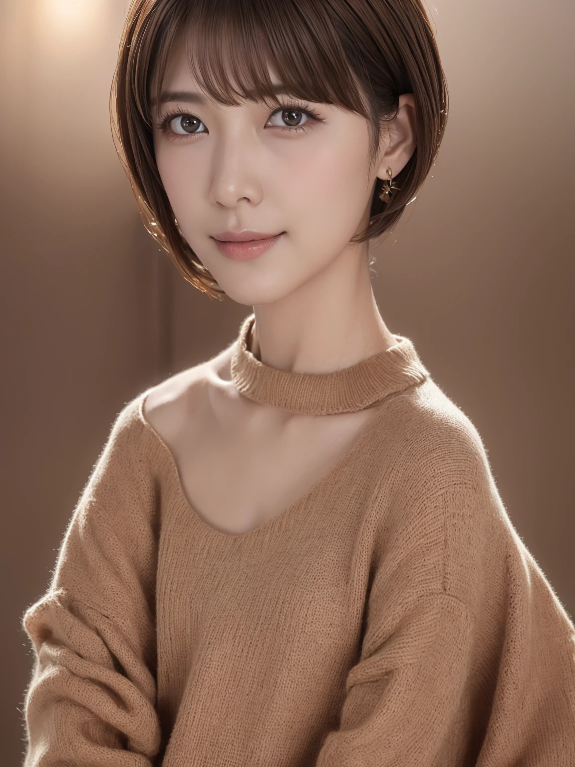 young,short hair,droopy eyes,brown hair,short bangs,alone,high quality,beautiful skin,japanese, (8K, Realistic, RAW Photos, Best image quality: 1.4),、Cleavage:1.2、Highly detailed face、Attention to detail、double eyelid、Chest to chest、Sharp focus:1.2、Beautiful woman:1.4、Light brown hair、Highest quality、masterpiece、Ultra-high resolution、(Realistic:1.4)、Highly detailed and professionally lit smiles、Loose, lightweight knitwear、Shoulder out、thin、Serious expression、Short-haired、Deadly position,