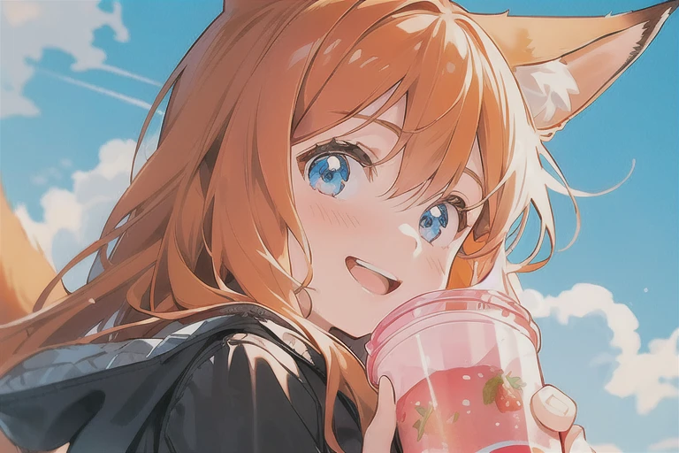 Girl 11 y.o icon,with orange brown hair short with fox ears and fox tail with beautiful blue eyes ,smiling,pretty,holding strawberry milk drink on her hand,using cute jacket,adorable,blush,headshot icon,only head,detailed shading,long hair,
