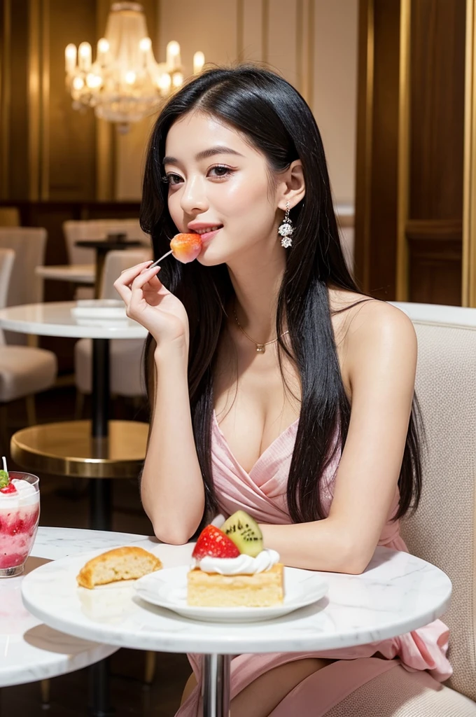 Master piece Super Realistic A young girl with long, flowing black hair is sitting at a stylish cafe table. She is joyfully eating a large, colorful fruit parfait. The parfait is in a tall glass, layered with vibrant strawberries, kiwi slices, blueberries, whipped cream, and a cherry on top. The girl is wearing a light pastel dress that matches the cheerful and inviting atmosphere of the cafe. The background features a chic, white marble interior with modern decor and elegant furnishings, giving a sophisticated and contemporary vibe. The girl’s expression is one of pure delight as she takes a spoonful of the parfait, her eyes sparkling with happiness.”