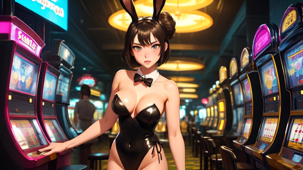 masterpiece, best quality, 1girl, solo, looking at viewer, breasts, frisky face, mature female, collarbone, janeporter, short hair, hair bun, playboy bunny, detached collar, fake animal ears, rabbit ears, rabbit tail, cyberpunk, neon lights, indoors, casino, yellow leotard, bowtie, depth of field,