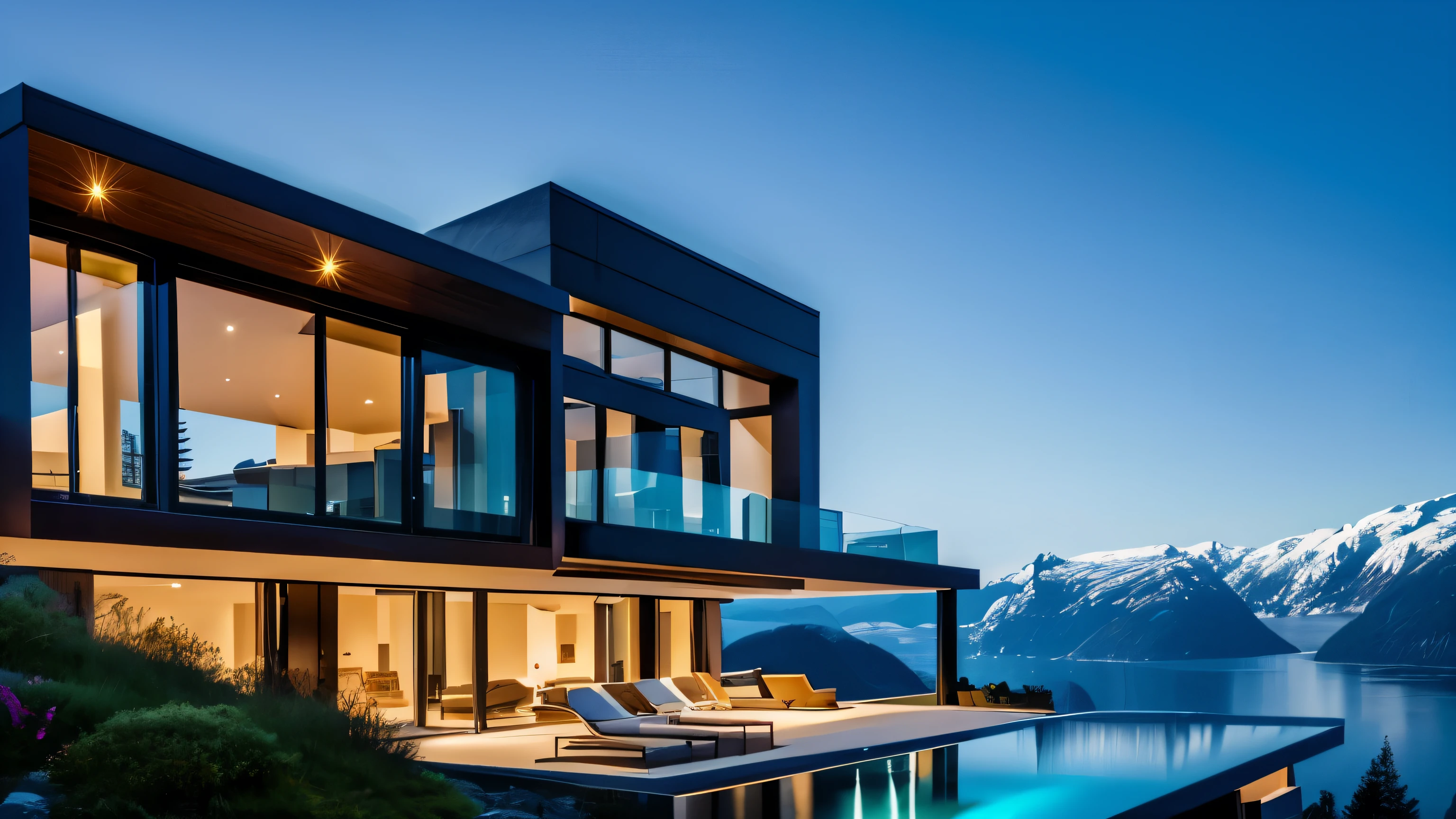 Modern cliff-top villa built into the mountains, Overlooking the Hardangerfjord. James Bond villain. In the mountains. High resolution. luxury, expensive, Pool, Futuristic big house, Luxury architecture, Ultra-modern, Sophisticated and Utopian Design, Contemporary Architectural Design, Amazing high tech
