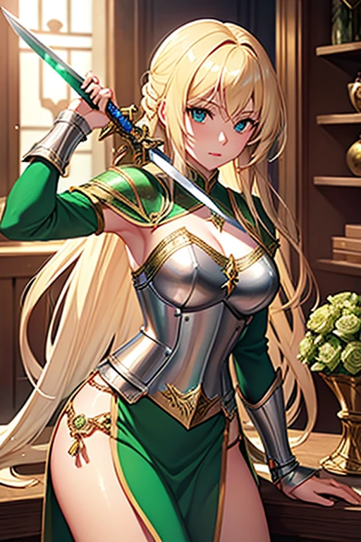 Blonde Caucasian Woman, Women in their early 20s, Wears emerald-colored metal armor, Lady of the Holy Knight, Rin々A beautiful woman, Holding a beautiful long sword, Medieval European fantasy, Wearing full plate mail,