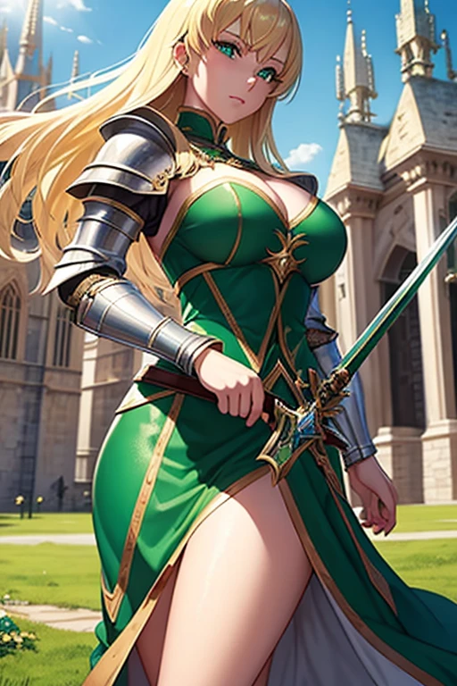 Blonde Caucasian Woman, Women in their early 20s, Wears emerald-colored metal armor, Lady of the Holy Knight, Rin々A beautiful woman, Holding a beautiful long sword, Medieval European fantasy, Wearing full plate mail,