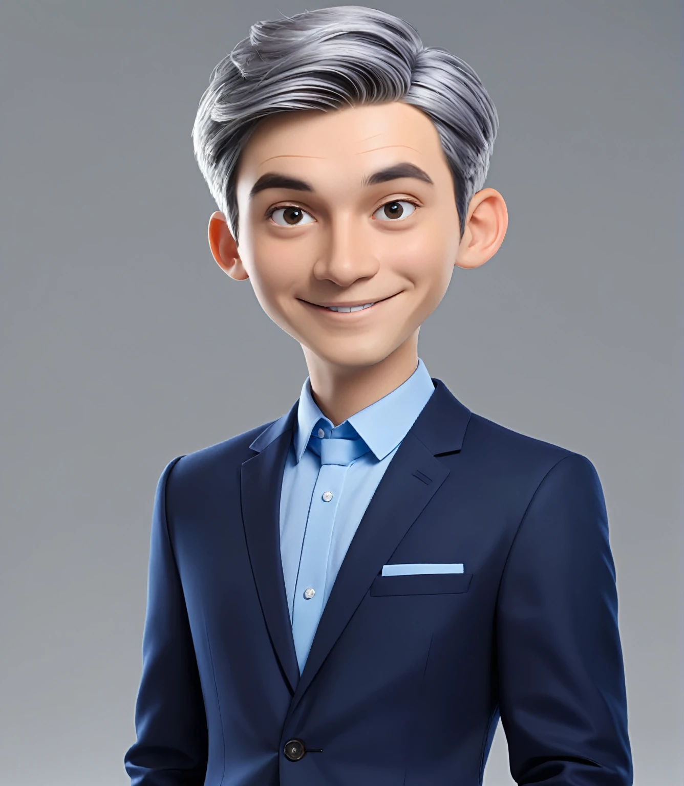 3d cartoon style, 20 years old man, short gray hair, little hair, in a dark blue suit and light blue shirt, no tie, smiling at the camera, foto perfil, commercial shot., face is brightly lit