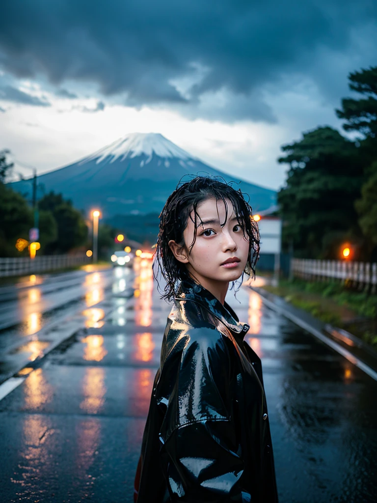 a young beautiful female japanese idol-like model with soaked wet face, wet hair, wet skin and clothes, standing on a wet road, looking up to the rainy sky, with exquisite cinematic lighting, natural lighting, high artistic quality, photorealistic, raw photo, masterpiece, beautiful, with mount fuji visible in the distance,かき上げた髪