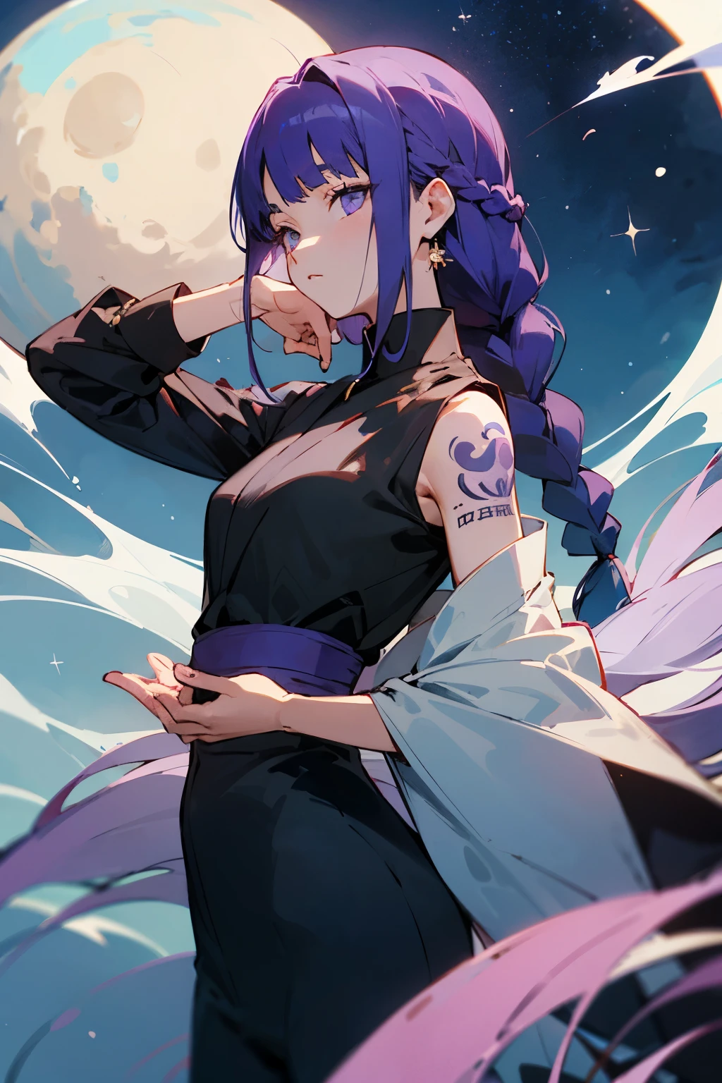 Aiko Miyamoto is a serene jujutsu kaisen Sorceress, with an appearance that combines elegance and mystery. She has long, silky purple hair that forms a single braid at the back of her head., without wearing hats and ornaments. His eyes are a deep shade of purple. , as if looking at the cosmos, often adorned with an enigmatic glow. Aiko wears modern clothes with a touch of traditional Japanese. She has a small tattoo of a waning moon on her face.


