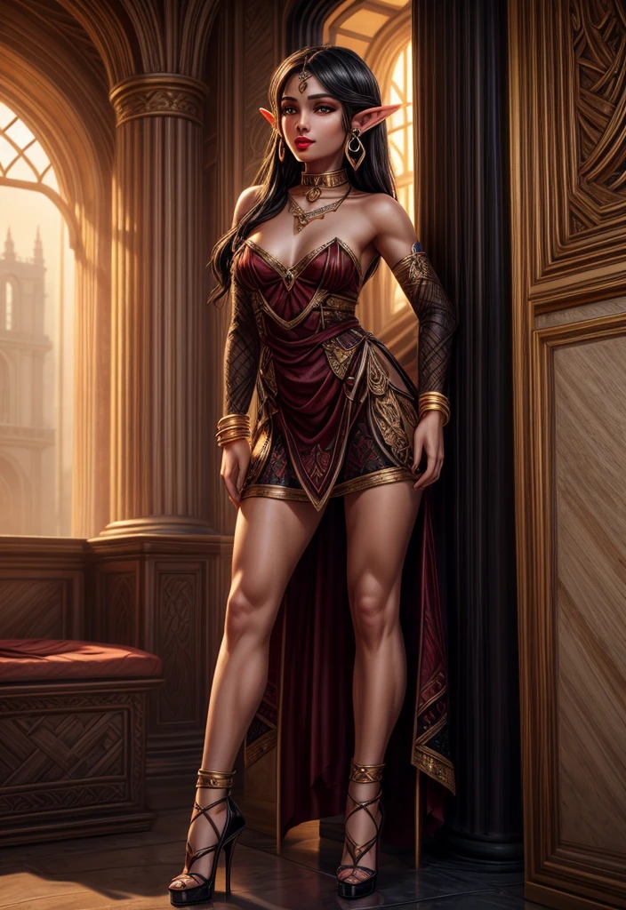 UHD 8k, HDR+, cute naked black haired dark skinned elf slave with big piercing eyes, with a collar around her neck, huge earrings, giant earrings, an elf face, elf ears, gold bracelets on her arms, her long black hair falling on her shoulders, black high heel shoes, high heels , naked body, nudity, erotica, without clothes, Against the background of the palace of the elf king, detailed background, detailed background, realistic, 1girl, solo girl, 20 year old girl, ultra realistic face, hyperrealistic, hyperdetailed, (looking at viewers), sharpen, detailed face, detailed eyes, detailed lips, red lips, beautiful face, 16k, FHD, raw photo, cute face mesh, pretty face mesh, portrait shot 8 k