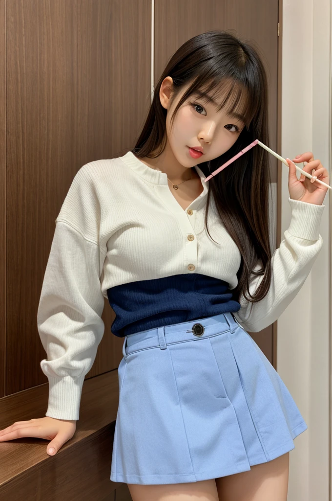 Cute korean girl licking lollipop wearing miniskirt
