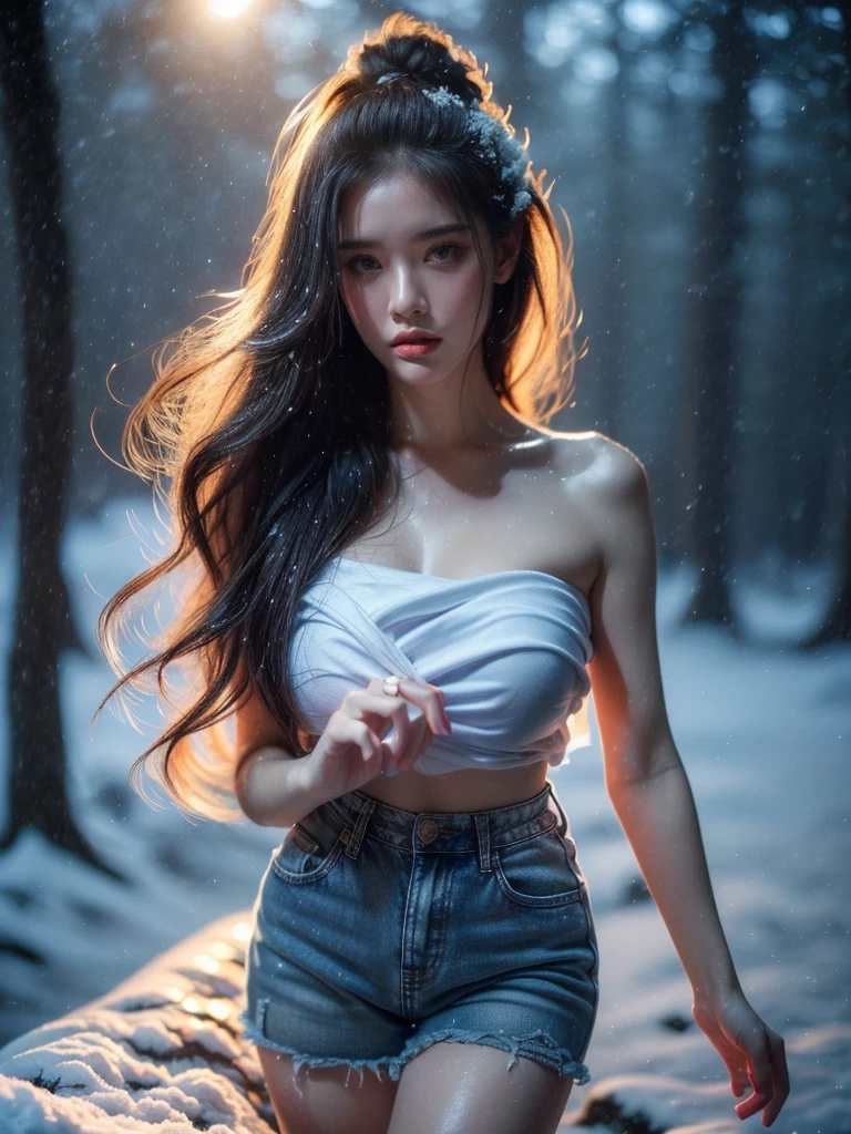 (standing pose, one hand relaxed by side: 1.4), (portrait photo of a woman: 1.4), RAW UHD, light skin, (long blonde hair: 1.0), (black denim strapless top: 1.0), (black denim shorts: 1.0), (snowy forest background: 1.2), high detail, soft lighting, natural expression, winter scene, (perfect anatomy: 1.5), (night time: 1.5), (blue light mood and tone: 1.5), (low light: 1.6)