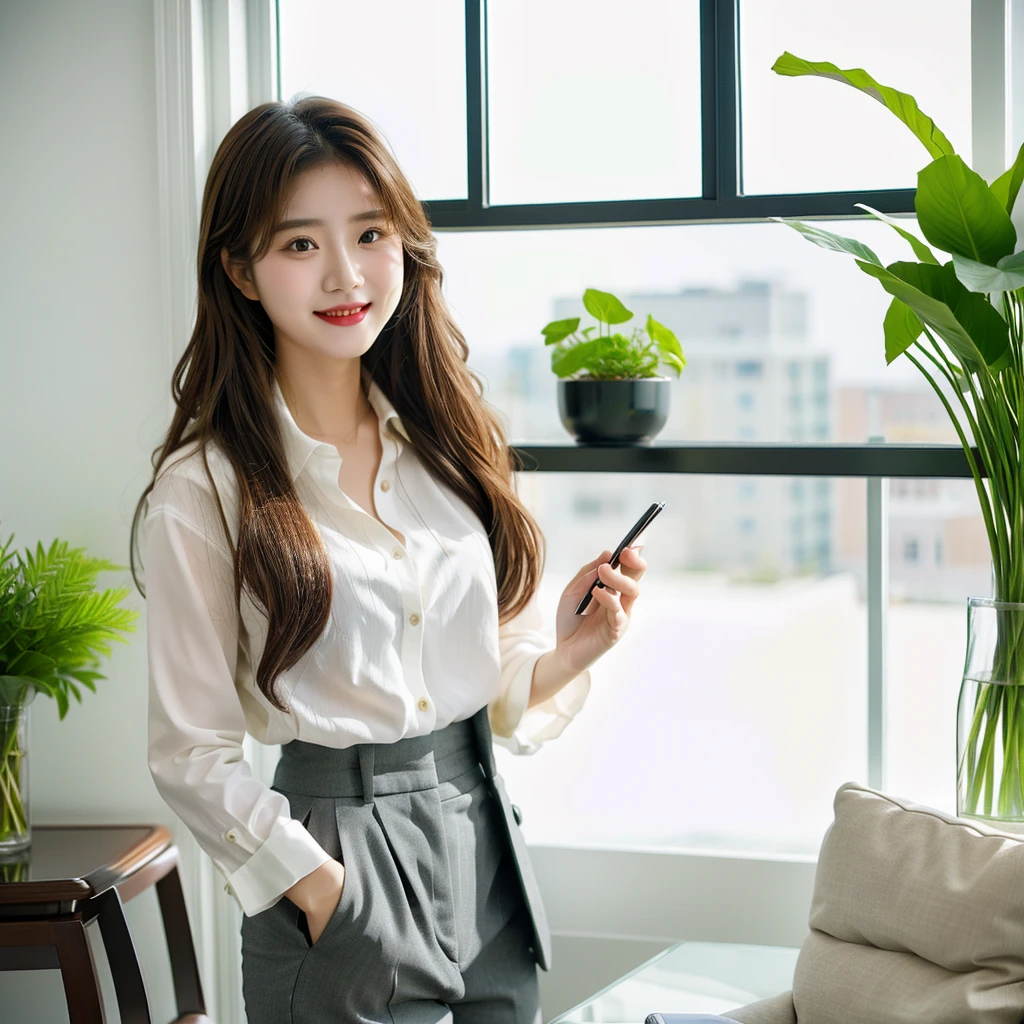 A young Vietnamese woman named Lyna, (1 girl), around 27 years old, is standing in a modern interior space. She is wearing a gray suit and a white shirt, smiling warmly and welcomingly. She is holding a notebook or a document in her left hand and her right hand is open as if explaining or inviting. The background is a bright area with large glass windows, green plants, and modern furniture, resembling an open office or a professional workspace, UHD, high details, best quality