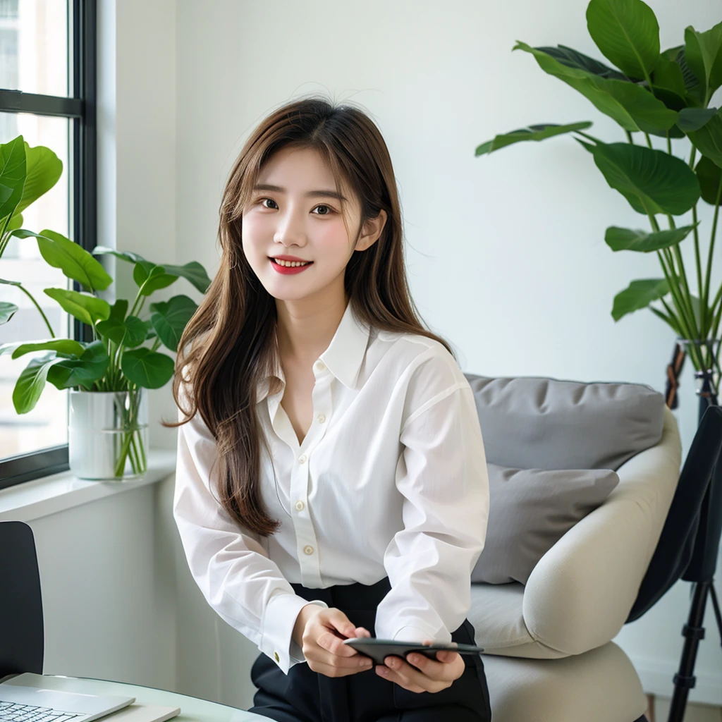 A young Vietnamese woman named Lyna, (1 girl), around 27 years old, is standing in a modern interior space. She is wearing a gray suit and a white shirt, smiling warmly and welcomingly. She is holding a notebook or a document in her left hand and her right hand is open as if explaining or inviting. The background is a bright area with large glass windows, green plants, and modern furniture, resembling an open office or a professional workspace, UHD, high details, best quality