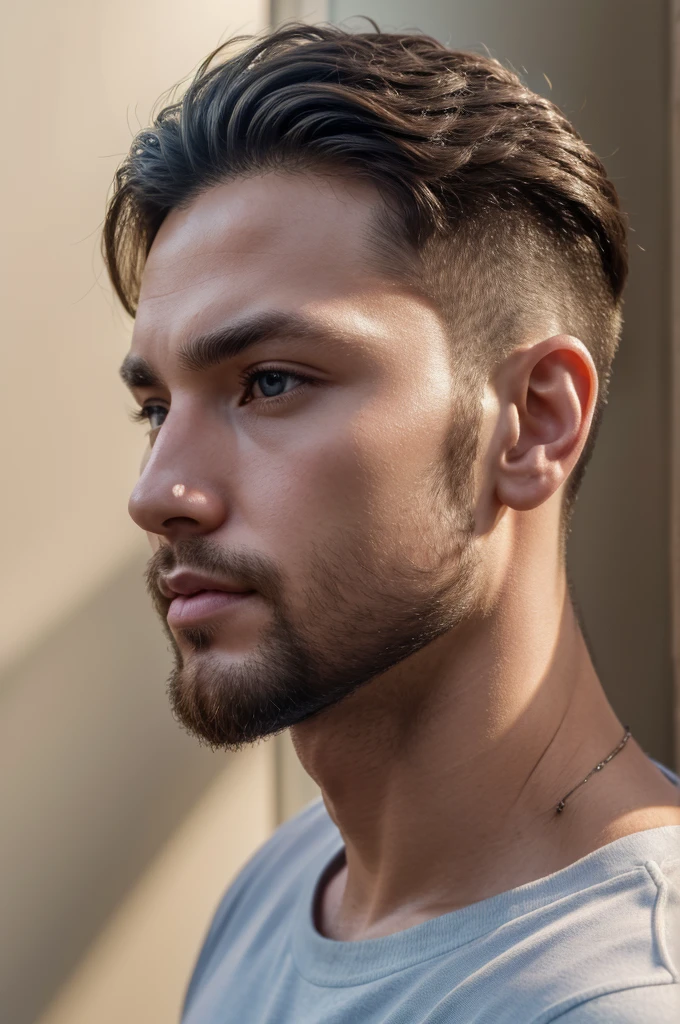 (8K、RAWE Photo、Highest quality、masterpiece:1.2)、(Real、Photorealistic:1.37)、Super detailed、Ultra-high resolution、1 male、Beautiful detailed face、(Feather Cut: 0.6)、Professional Lighting、The lighting is bright、Actor、model、Full body、Wide-angle shot、Daytime、bright , simple background ,Simple Background、Slender、beard、profile、Face close-up、From the side、