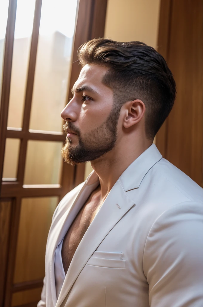 (8K、RAWE Photo、Highest quality、masterpiece:1.2)、(Real、Photorealistic:1.37)、Super detailed、Ultra-high resolution、1 male、Beautiful detailed face、(Feather Cut: 0.6)、Professional Lighting、The lighting is bright、Actor、model、Full body、Wide-angle shot、Daytime、bright , simple background ,Simple Background、Slender、beard、profile、Face close-up、From the side、