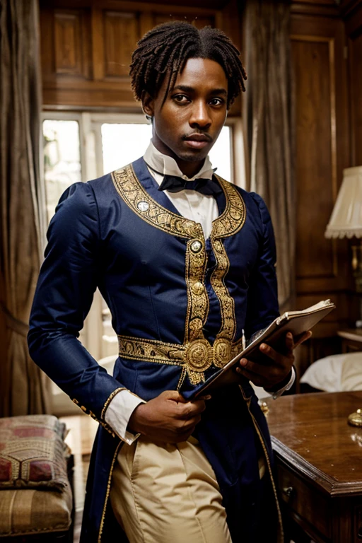 African male author reading Victorian aesthetic cosplay costume short hair Long face