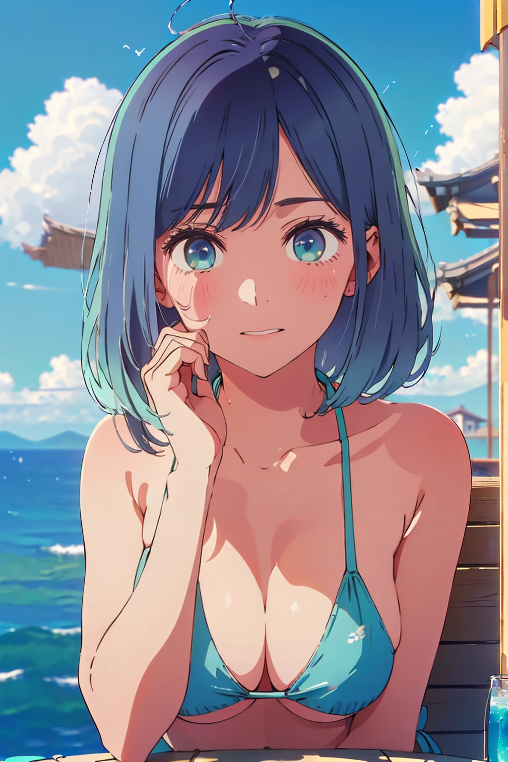 (Highest quality:1.4、masterpiece:1.4、Super detailed:1.4、8K:1.4)、F cup bust、Big Breasts、Slim body、((((1 person、Surprised expression、sit、Chair、In the background are the urban buildings of Tokyo、looking at the camera、Outdoor café terrace、coastal、Navy hair color、juice、table、Shooting up close、Very cute face))))、(Pose of putting hair behind ears with hands:1.4、Cheek resting on hand:1.4)、((nude、Areola、bikini))、Very blue sky、A completely cloudless sky、Big eyes、((((Shallow depth of field、sunny place))))、Pink Lips