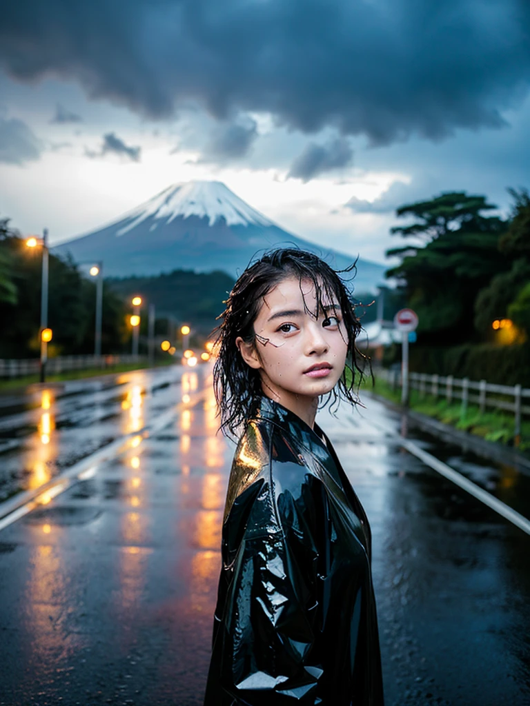 a young beautiful female japanese idol-like model with soaked wet face, wet hair, wet skin and clothes, standing on a wet road, looking up to the rainy sky, with exquisite cinematic lighting, natural lighting, high artistic quality, photorealistic, raw photo, masterpiece, beautiful, with mount fuji visible in the distance,オールバック