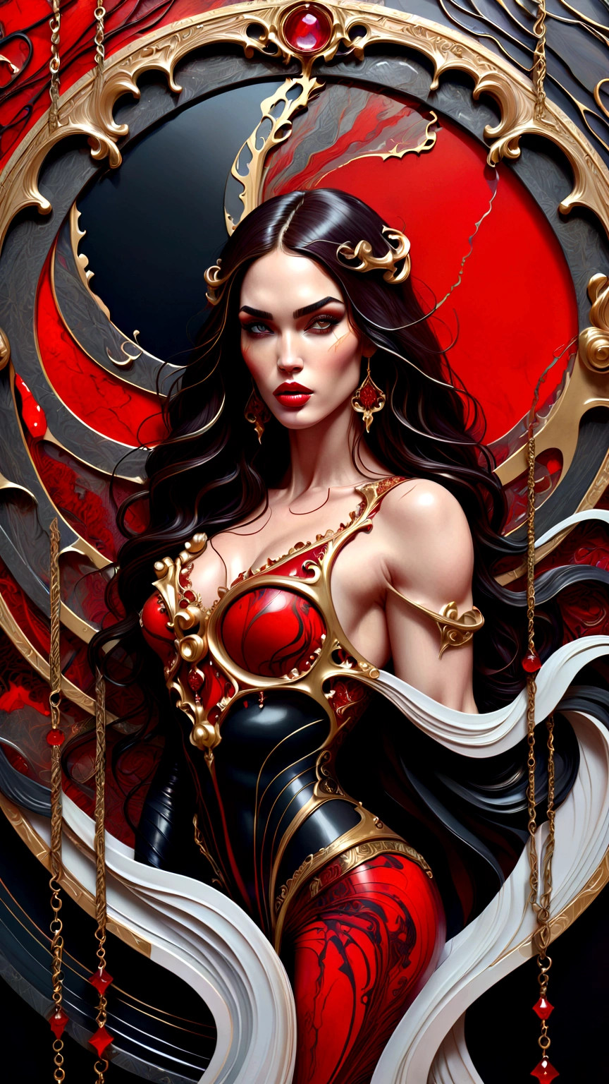 a beautiful illustration of megan fox as a very muscular vampire girl in an abstract marble texture with a tarot style frame, with colors of obsidian black, shiny gold, and ruby red, highly detailed, intricate design, BY Anne Bachelier,