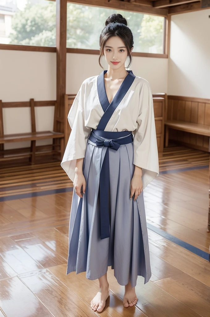 (((best quality))),(((ultra detailed))),(((masterpiece))),illustration,1girl,solo,short ponytail,slim,thin,small breasts,flat chest,white collar,white kendogi,three-quarter sleeves,cleavage,maxi navy-blue kendo hakama,slender legs,standing in kendo gym,arms behind back,focused and determined expression,ready for challenge,slender and elegant face,confident and resilient,fair skin,blush,neat teeth,bright smile,clean and tidy uniform,wooden gym floor,wall,pine scent,standard grip,ready to slice through obstacles,strong belief,determination,spirit of resilience,admiring,from front,full body,bare feet