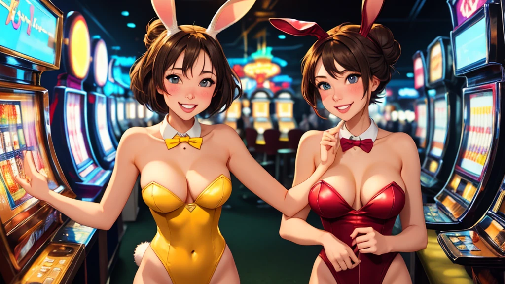 masterpiece, best quality, 1girl, solo, looking at viewer, , playful, smiling, mature , collarbone, janeporter, short hair, hair bun, playboy bunnyhed collar, fake animal ears, rabbit ears, rabbit tail, cyberpunk, neon lights, indoors, casino, yellow leotard, bowtie, depth of field,
